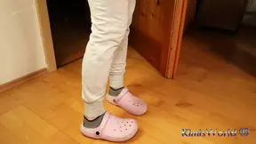Dirty Grey Sneaker Socks in Pink Clogs - Casual Foot Tease