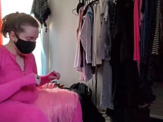 trying on this stretchy pink bodysuit