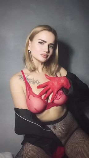 She is ready to take off her red lingerie to show you her big boobs.