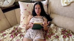 Step Son fingering his Step Mom while she reading a book, and then fuck and cum inside.