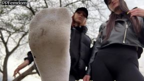 you have to lick the dirty sneakers of two girls after chasing them while looking at their butts