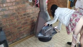 Fire crackling as two hot babes share huge cock at intimate gloryhole