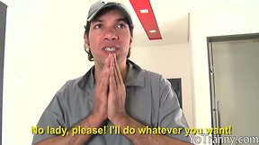 Chesty latina tranny gets her butthole screwed by plumber