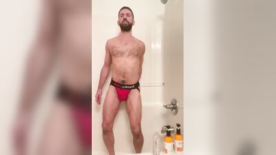 Bearded, vocal, Jock strap wearing Italian, taking dildo