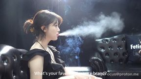 Elegant Asian QQ Beauty in Black Dress Smoking and Blowing Thick Clouds in Leather Armchair 4K