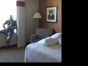 wetsuit and zentai at hotel window