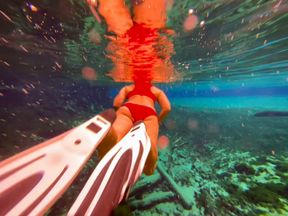 Carissa in the red bikini in the public spring-freediving fun!