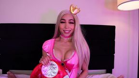 black trans beauty mirage desire in princess peach cosplay cums on herself