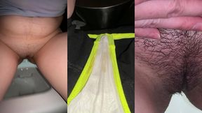 compilation peeing in a public restroom close-up and showing a panty liner with wet discharge. worn panties