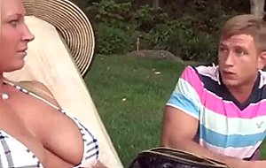 Blonde milf and teen sunbathing together topless