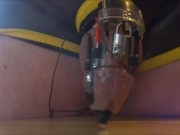 Estim cum milking with electro chastity device