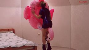 Alla inflates a pink inflatable flamingo with her mouth and fucks him hot and wears a latex dress with big tits!!!