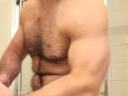 HAIRY MUSCLE BEAR FLEXING BEFORE HOT SHOWER!