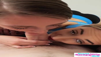 Brookie Blair & Macy Meadows have Fun Sucking and Gagging on Stepbro's Cock