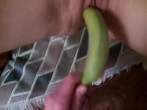 Drilling my girl's shaved gaping pussy with a huge banana
