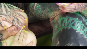 3 tattoo lesbians play with cum - anal gape, prolapse, ass cum swap first time anal - punk, goth, alt porn - anuskatzz - zf012