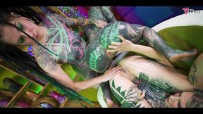 3 tattoo lesbians play with cum - anal gape, prolapse, ass cum swap first time anal - punk, goth, alt porn - anuskatzz - zf012