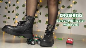 Crushing toy cars and helicopter with boots