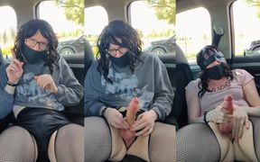 Risky Blindfolded with Body Writing Close to a Busy Road and Cumshot