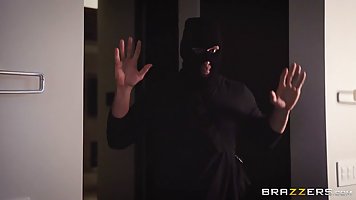 Bitchy ebony girl, Sarah Banks is having sex with a horny thief, in her bedroom