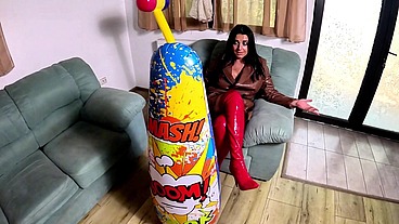 Dominant Leather MILF Inflatable Smash Fetish. Giant Hammer, Doggy, Cum Play and Popping