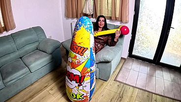 Dominant Leather MILF Inflatable Smash Fetish. Giant Hammer, Doggy, Cum Play and Popping