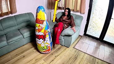 Dominant Leather MILF Inflatable Smash Fetish. Giant Hammer, Doggy, Cum Play and Popping