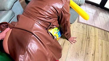 Dominant Leather MILF Inflatable Smash Fetish. Giant Hammer, Doggy, Cum Play and Popping
