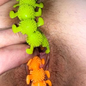 DoggyStyle With Perfect Ass Tied to bed, Gaped Pussy Stuffed with Stretchy Alien Toys