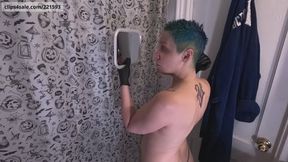 FULL Blue Hair: Bleach Dye Cut for FetishCon! - GLIMMER haircut hairdye entire process, including shower, nitrile gloves, blue teal dying, topless, washing hair, shaving hair, hairy armpits, color, bleaching