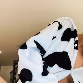 In a cow pijama sucking and riding my big uncut cock until he earns my hot milk