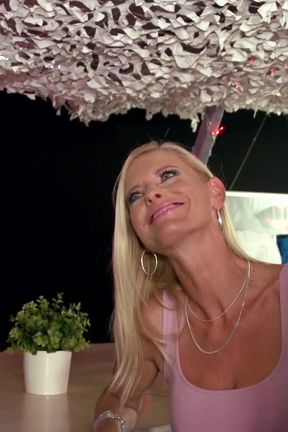 Mature blonde in heels gets facial after sex fun in the bar