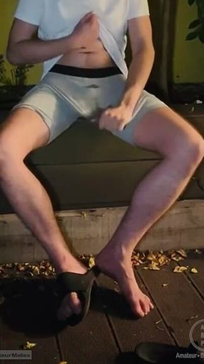 Amateur Twink in Adilette Sandals Wets Himself in the Garden and Takes His Cock Out