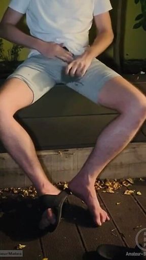 Amateur Twink in Adilette Sandals Wets Himself in the Garden and Takes His Cock Out