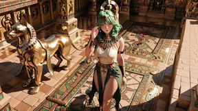 Green-Haired Egyptian Queen! Kneeling in the Golden Hall, guarded by Sphinxes.