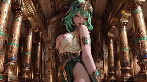 Green-Haired Egyptian Queen! Kneeling in the Golden Hall, guarded by Sphinxes.