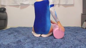 Kinky little 140cm woman in GK leotard doing yoga stretches gymnastics.