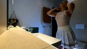 Super hot petite blonde cheerleader wears a short miniskirt with a see through top to show her tits and flash pussy under her short skirt