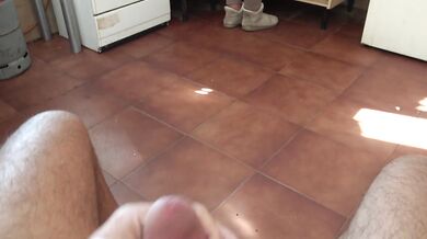 Hairy pussy spills when son flashes big dick to mom in kitchen