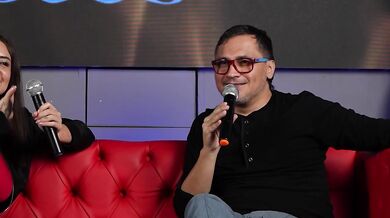 Sara Blonde chokes on a FAT cock in front of her CUCKOLD on Juan Bustos Show