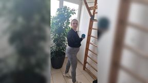 Chubby housewife Saskia teases in the gym for a stranger, showcasing her moist pussy&#x270C;