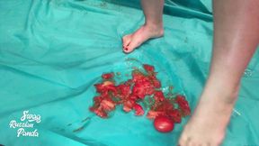 Barefoot food crushing, smashing tomatoes and crispy cake with my soles