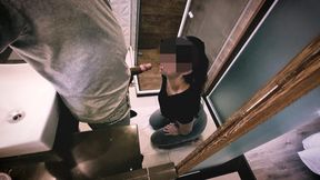 Naughty wife grabs gym staff in the bathroom and walks out with a messy face