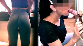 Naughty wife grabs gym staff in the bathroom and walks out with a messy face