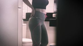 Naughty wife grabs gym staff in the bathroom and walks out with a messy face