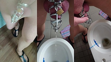Pissen im Peniskäfig mit Katheter in Strumpfhose