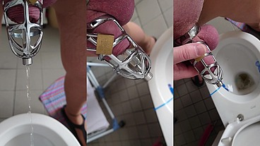 Pissen im Peniskäfig mit Katheter in Strumpfhose