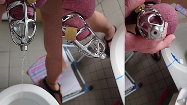 Pissen im Peniskäfig mit Katheter in Strumpfhose