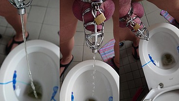 Pissen im Peniskäfig mit Katheter in Strumpfhose
