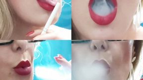 Pov- Close-up - Open mouth Inhales and open mouth exhales - Coughing - Red Lipstick